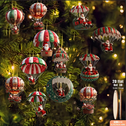 Wooden Christmas Decorations - 12pcs 2D Tree Ornaments with Santa Claus & Hot Air Balloon - ZOOMNSTORE