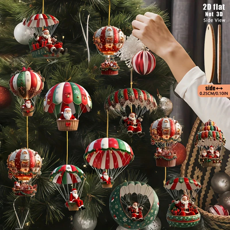 Wooden Christmas Decorations - 12pcs 2D Tree Ornaments with Santa Claus & Hot Air Balloon - ZOOMNSTORE