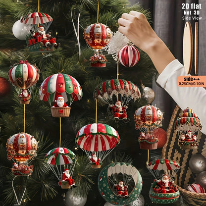 Wooden Christmas Decorations - 12pcs 2D Tree Ornaments with Santa Claus & Hot Air Balloon - ZOOMNSTORE