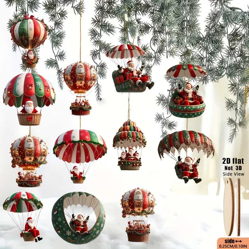 Wooden Christmas Decorations - 12pcs 2D Tree Ornaments with Santa Claus & Hot Air Balloon - ZOOMNSTORE