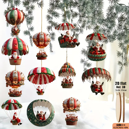 Wooden Christmas Decorations - 12pcs 2D Tree Ornaments with Santa Claus & Hot Air Balloon - ZOOMNSTORE