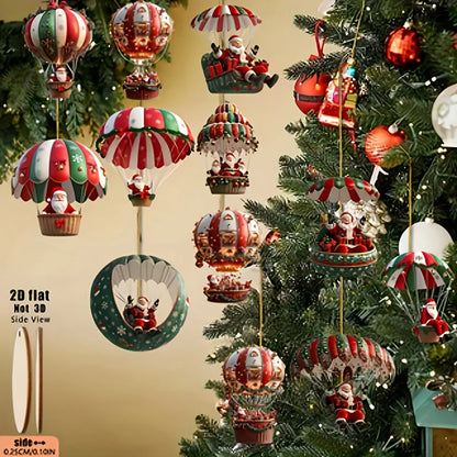 Wooden Christmas Decorations - 12pcs 2D Tree Ornaments with Santa Claus & Hot Air Balloon - ZOOMNSTORE
