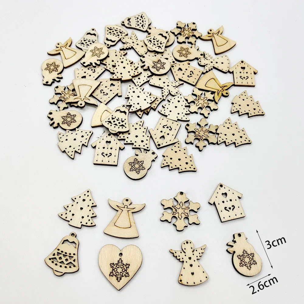 50pcs Christmas Wooden Ornaments - Santa Claus  Snowflake Tree Decorations - ZOOMNSTORE