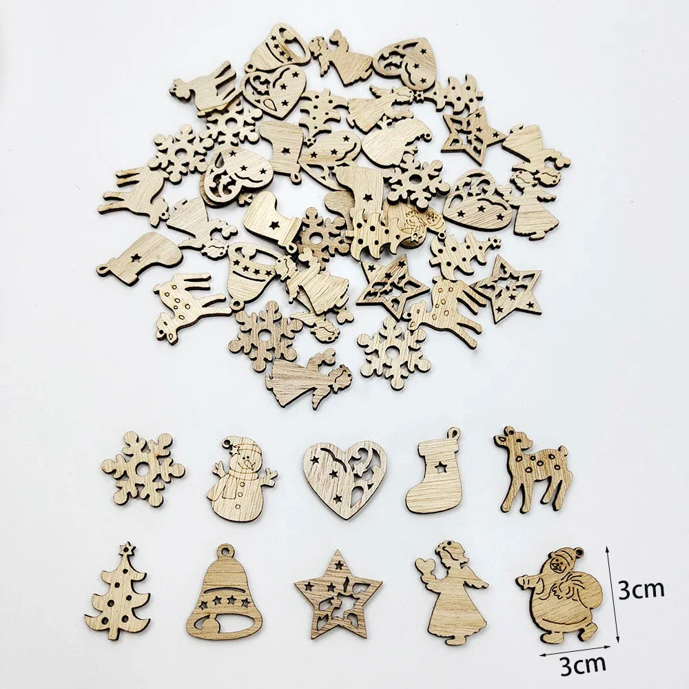 50pcs Christmas Wooden Ornaments - Santa Claus  Snowflake Tree Decorations - ZOOMNSTORE
