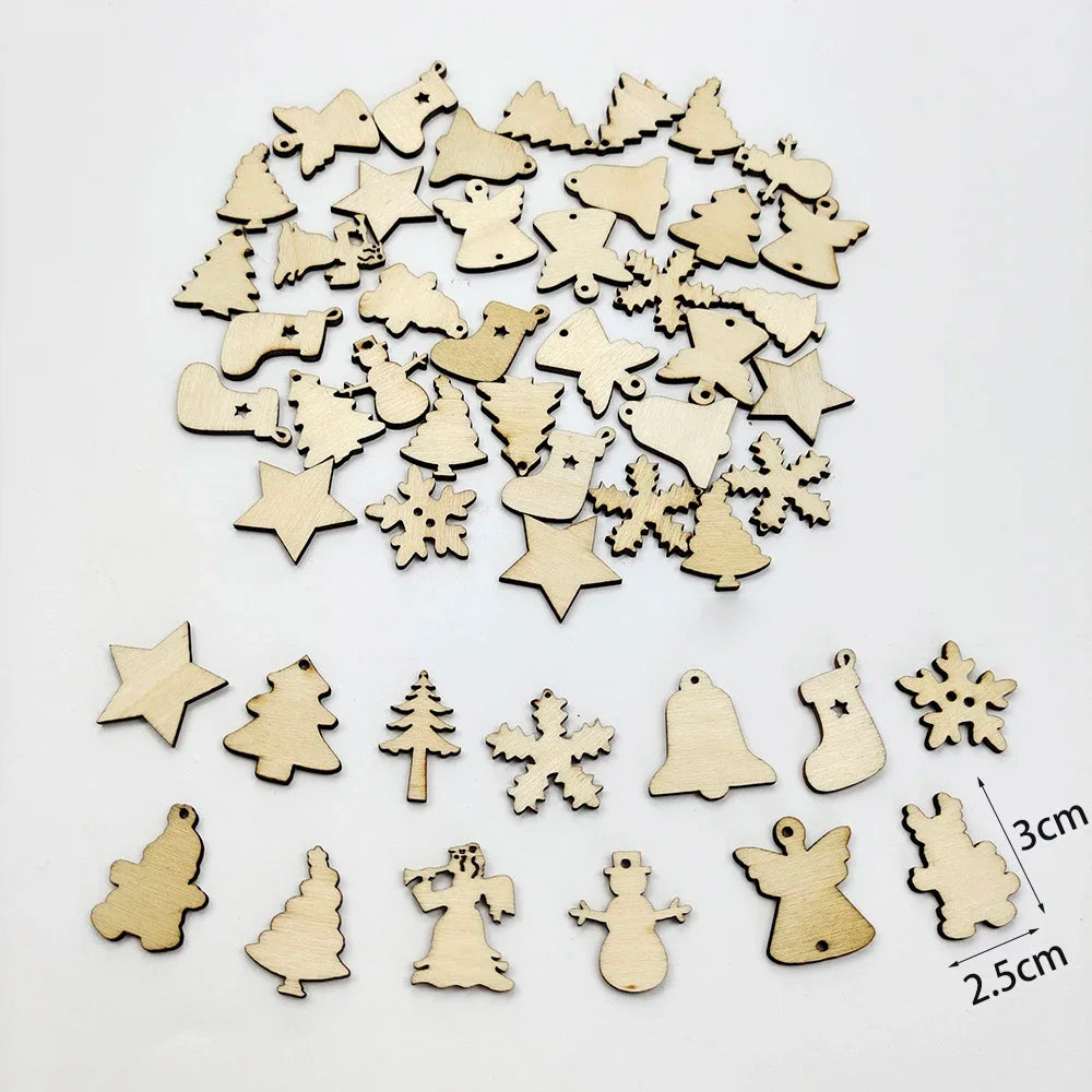 50pcs Christmas Wooden Ornaments - Santa Claus  Snowflake Tree Decorations - ZOOMNSTORE