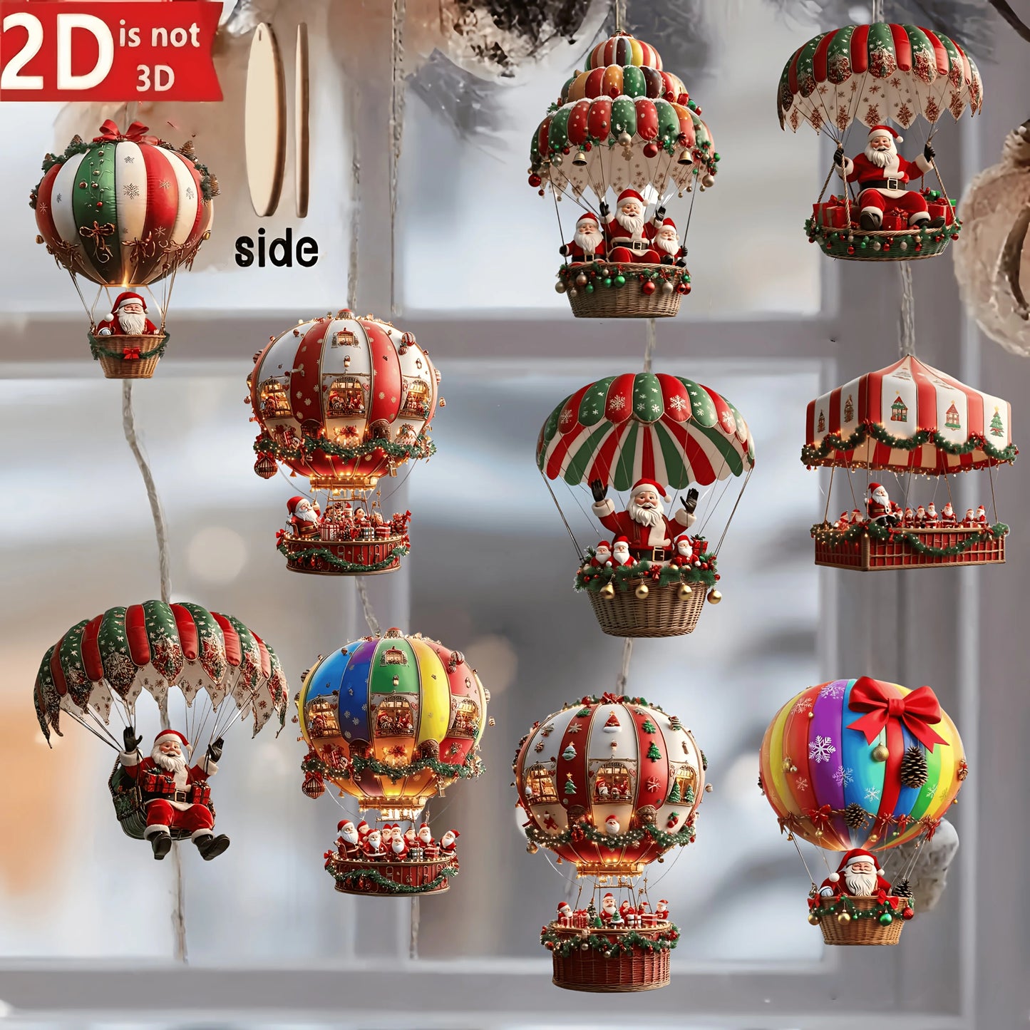 Christmas Wooden Hot Air Balloon Ornaments - 12Pcs Santa Claus Tree Decorations - ZOOMNSTORE