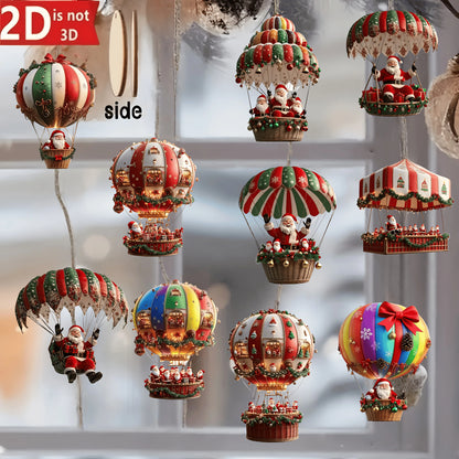 Christmas Wooden Hot Air Balloon Ornaments - 12Pcs Santa Claus Tree Decorations - ZOOMNSTORE