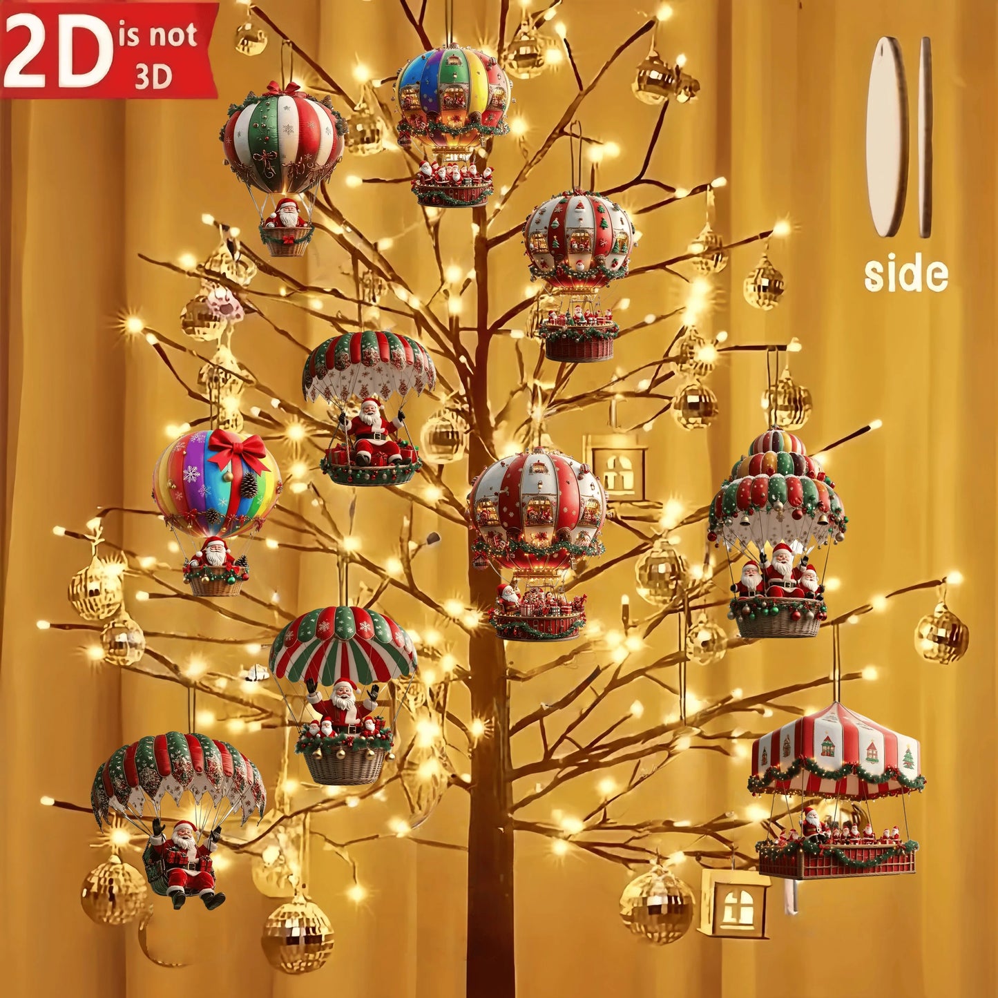 Christmas Wooden Hot Air Balloon Ornaments - 12Pcs Santa Claus Tree Decorations - ZOOMNSTORE