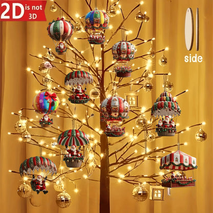 Christmas Wooden Hot Air Balloon Ornaments - 12Pcs Santa Claus Tree Decorations - ZOOMNSTORE