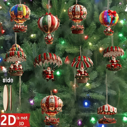 Christmas Wooden Hot Air Balloon Ornaments - 12Pcs Santa Claus Tree Decorations - ZOOMNSTORE
