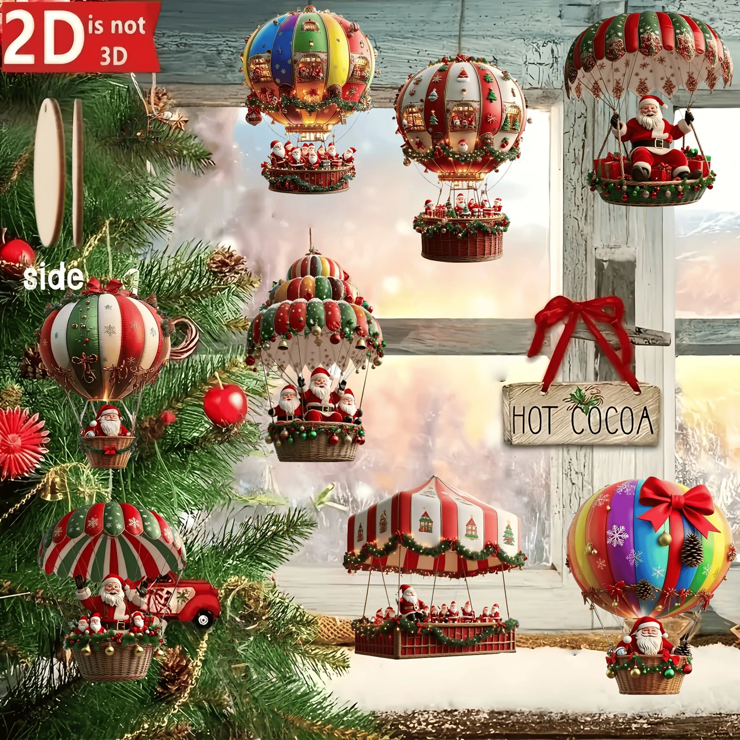 Christmas Wooden Hot Air Balloon Ornaments - 12Pcs Santa Claus Tree Decorations - ZOOMNSTORE