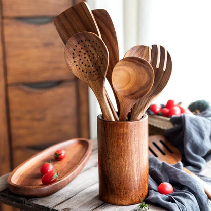 Wooden Cooking Spoons – Teak Wood Spoons With Holder | Eco Friendly Kitchen Utensil Set - ZOOMNSTORE