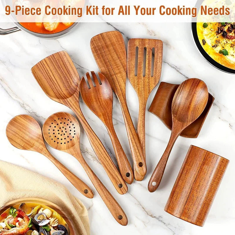 Wooden Cooking Spoons – Teak Wood Spoons With Holder | Eco Friendly Kitchen Utensil Set - ZOOMNSTORE