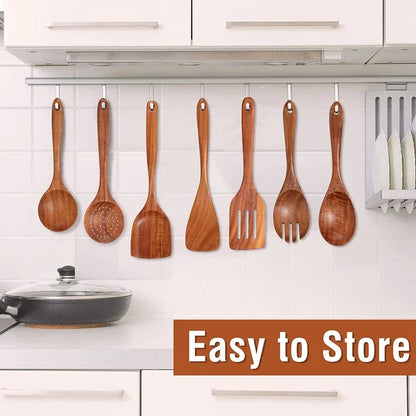 Wooden Cooking Spoons – Teak Wood Spoons With Holder | Eco Friendly Kitchen Utensil Set - ZOOMNSTORE
