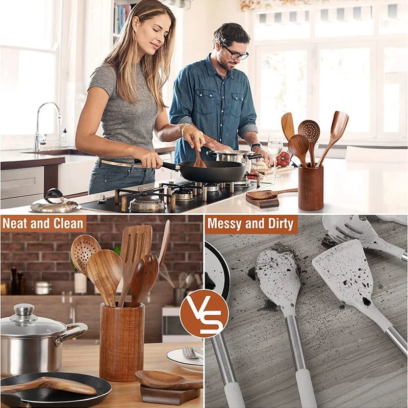 Wooden Cooking Spoons – Teak Wood Spoons With Holder | Eco Friendly Kitchen Utensil Set - ZOOMNSTORE