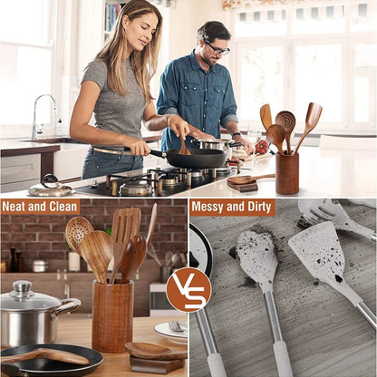 Wooden Cooking Spoons – Teak Wood Spoons With Holder | Eco Friendly Kitchen Utensil Set - ZOOMNSTORE
