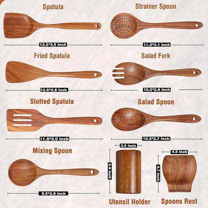 Wooden Cooking Spoons – Teak Wood Spoons With Holder | Eco Friendly Kitchen Utensil Set - ZOOMNSTORE