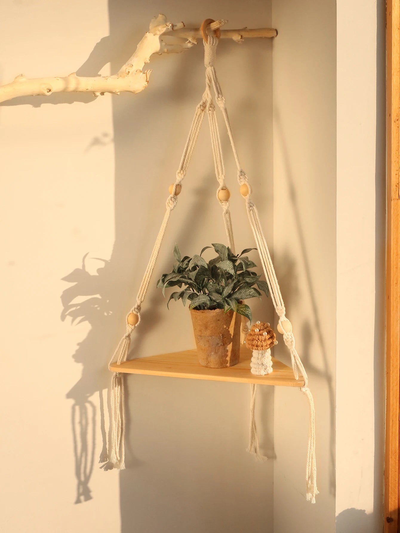 Wooden Corner Shelf - Floating Wall Shelf | Boho Room Decor & Macrame Hanging - ZOOMNSTORE