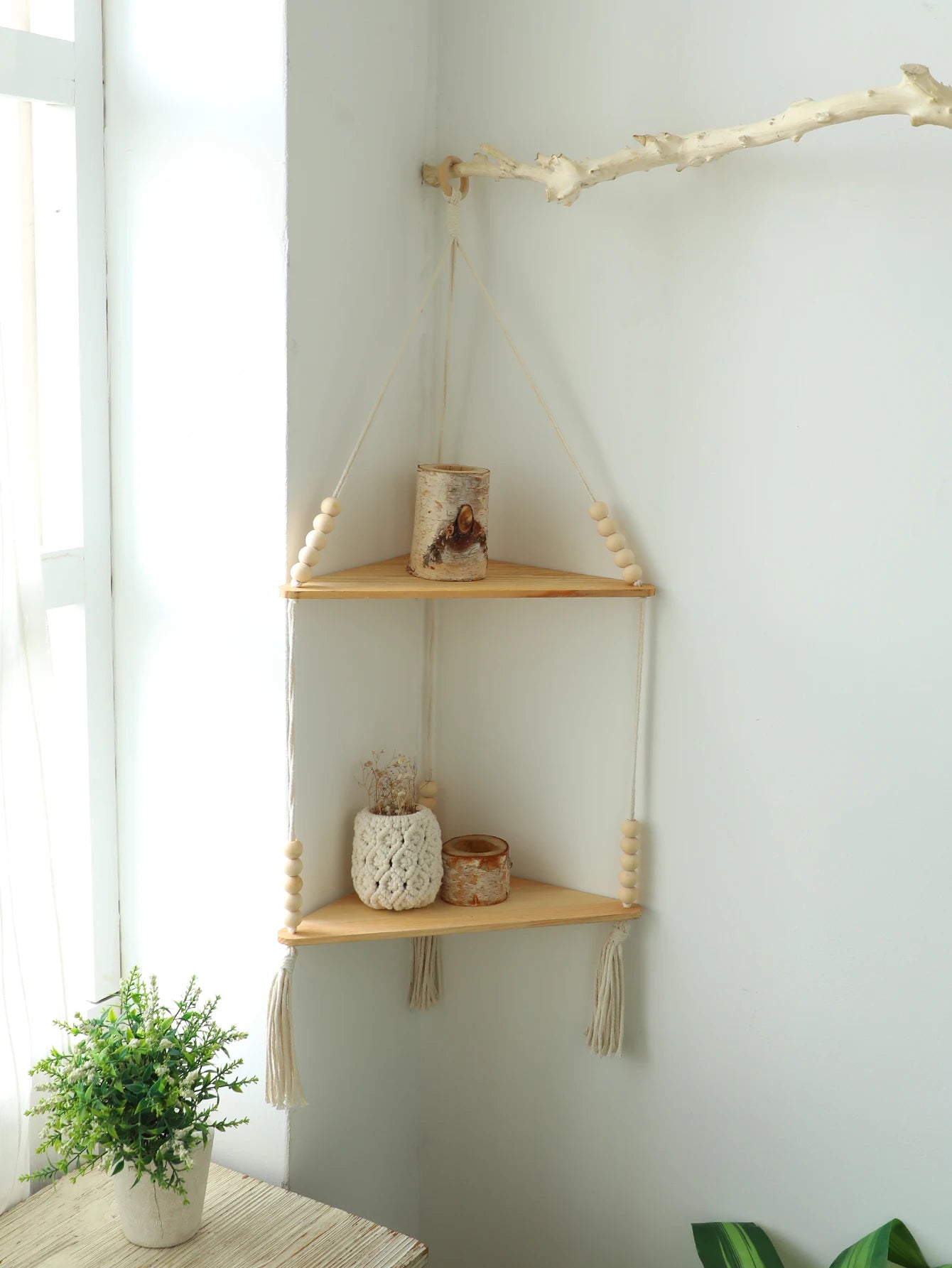 Wooden Corner Shelf - Floating Wall Shelf | Boho Room Decor & Macrame Hanging - ZOOMNSTORE