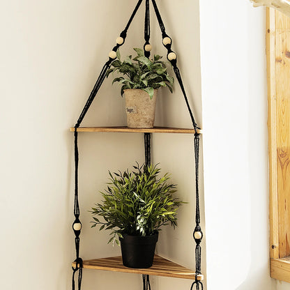 Wooden Corner Shelf - Floating Wall Shelf | Boho Room Decor & Macrame Hanging - ZOOMNSTORE