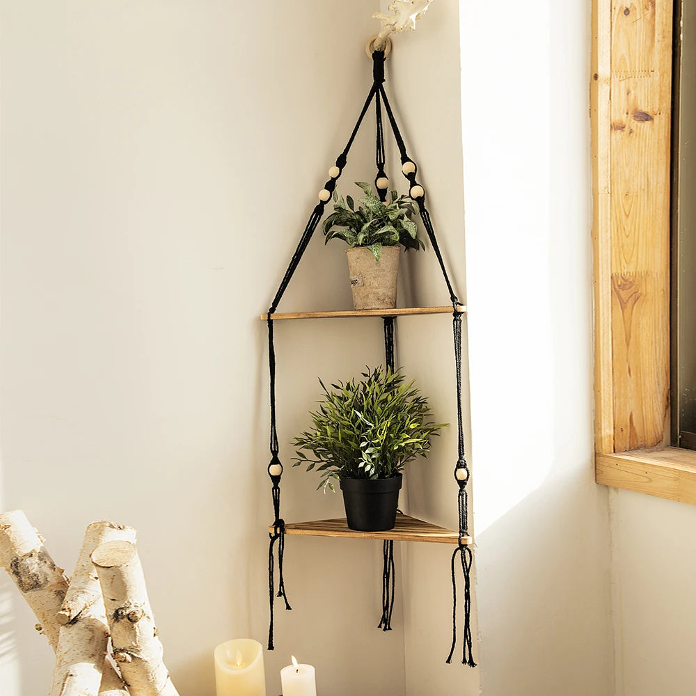 Wooden Corner Shelf - Floating Wall Shelf | Boho Room Decor & Macrame Hanging - ZOOMNSTORE