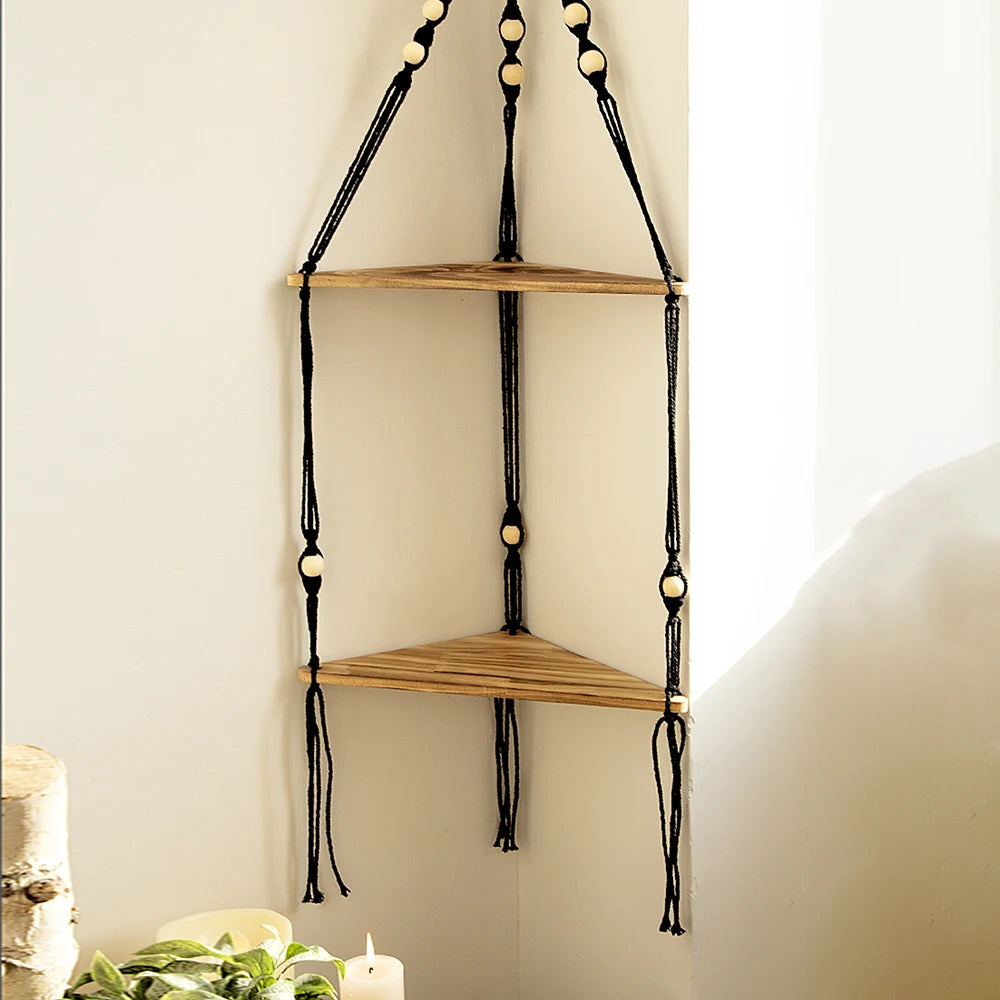 Wooden Corner Shelf - Floating Wall Shelf | Boho Room Decor & Macrame Hanging - ZOOMNSTORE