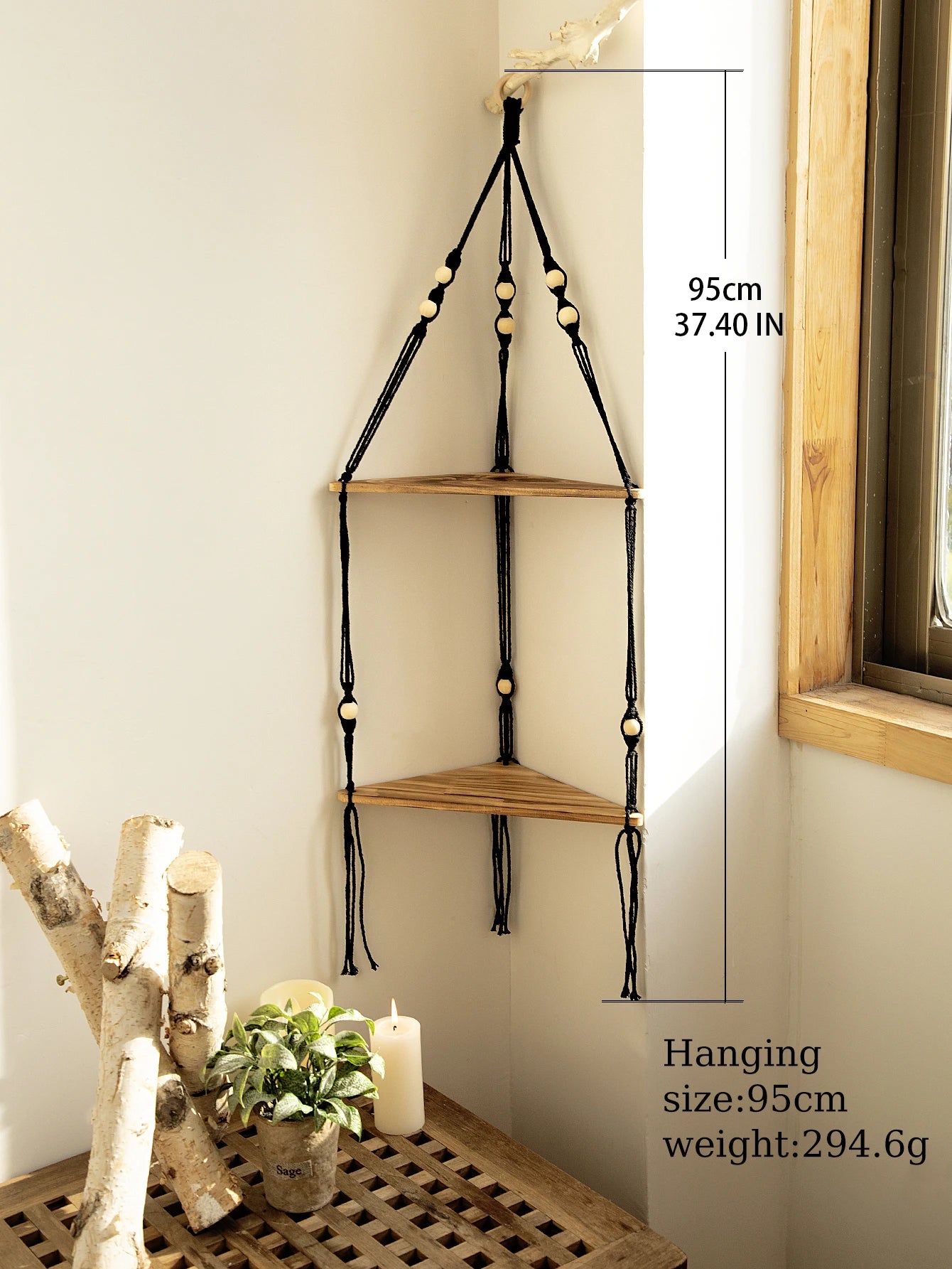 Wooden Corner Shelf - Floating Wall Shelf | Boho Room Decor & Macrame Hanging - ZOOMNSTORE