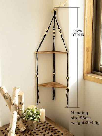 Wooden Corner Shelf - Floating Wall Shelf | Boho Room Decor & Macrame Hanging - ZOOMNSTORE