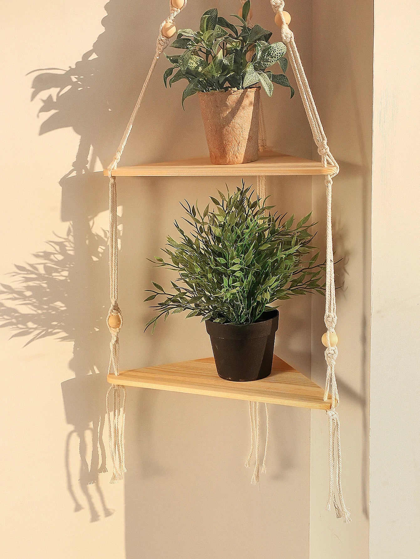 Wooden Corner Shelf - Floating Wall Shelf | Boho Room Decor & Macrame Hanging - ZOOMNSTORE