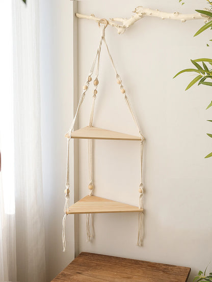 Wooden Corner Shelf - Floating Wall Shelf | Boho Room Decor & Macrame Hanging - ZOOMNSTORE