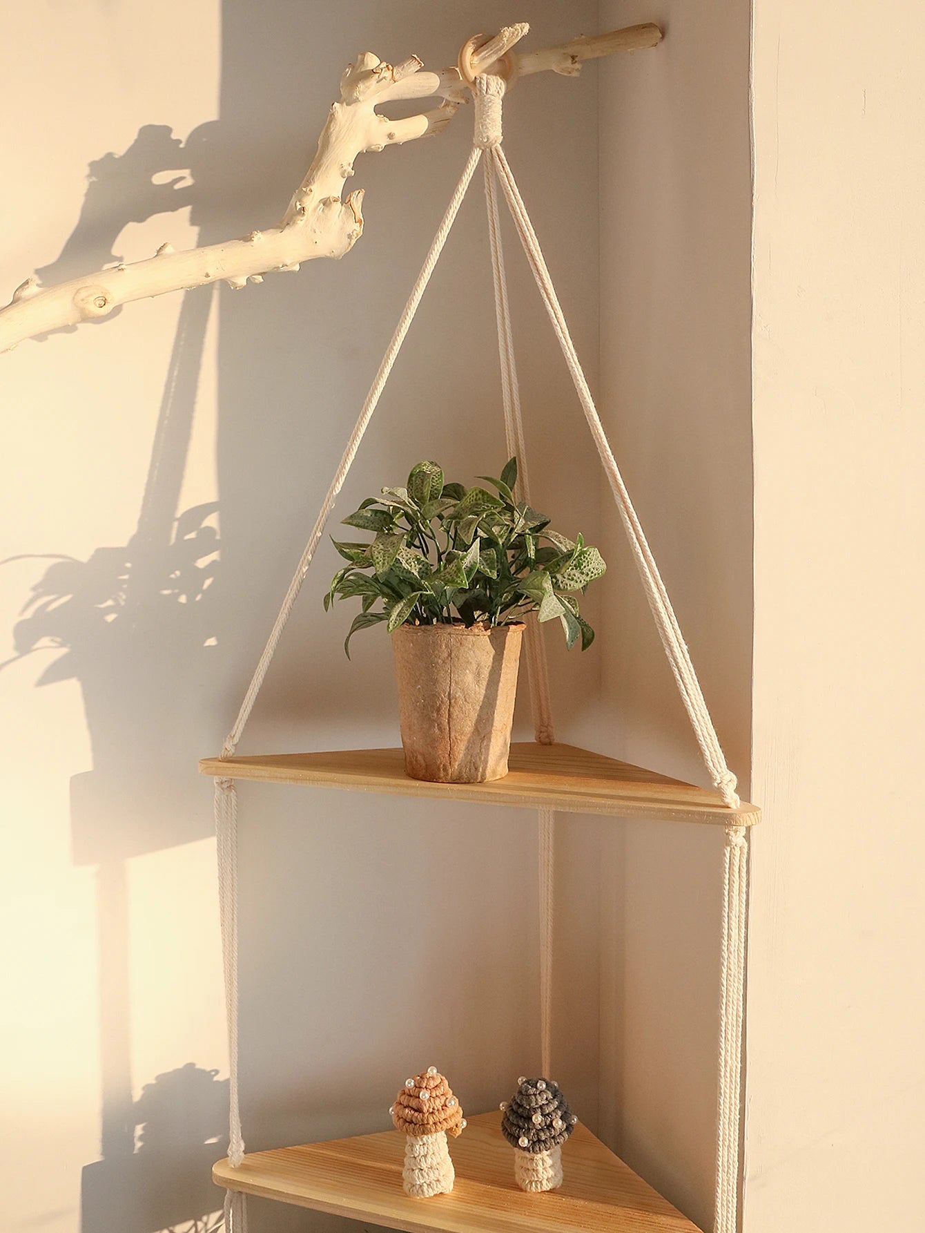Wooden Corner Shelf - Floating Wall Shelf | Boho Room Decor & Macrame Hanging - ZOOMNSTORE