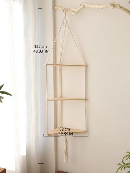 Wooden Corner Shelf - Floating Wall Shelf | Boho Room Decor & Macrame Hanging - ZOOMNSTORE