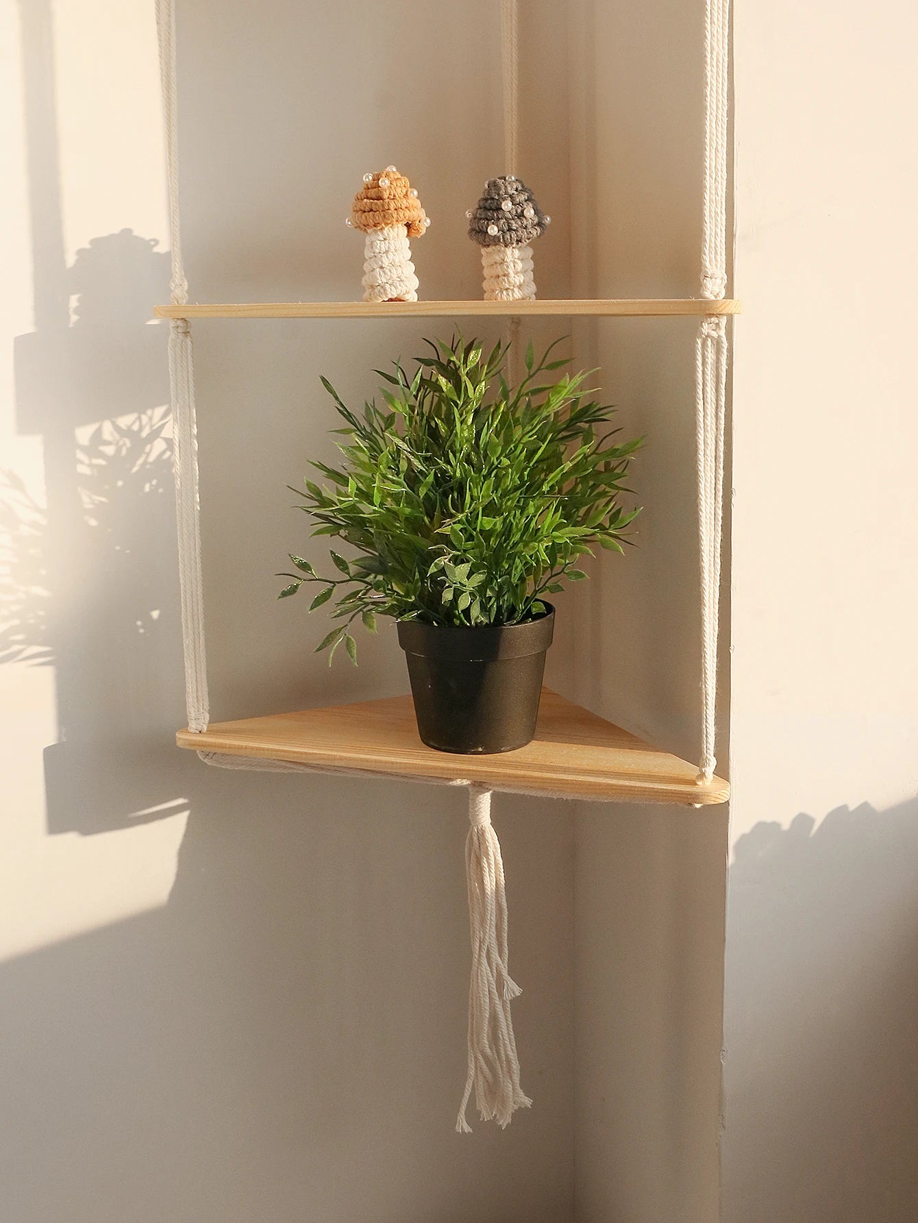 Wooden Corner Shelf - Floating Wall Shelf | Boho Room Decor & Macrame Hanging - ZOOMNSTORE