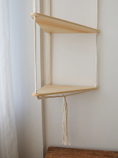 Wooden Corner Shelf - Floating Wall Shelf | Boho Room Decor & Macrame Hanging - ZOOMNSTORE