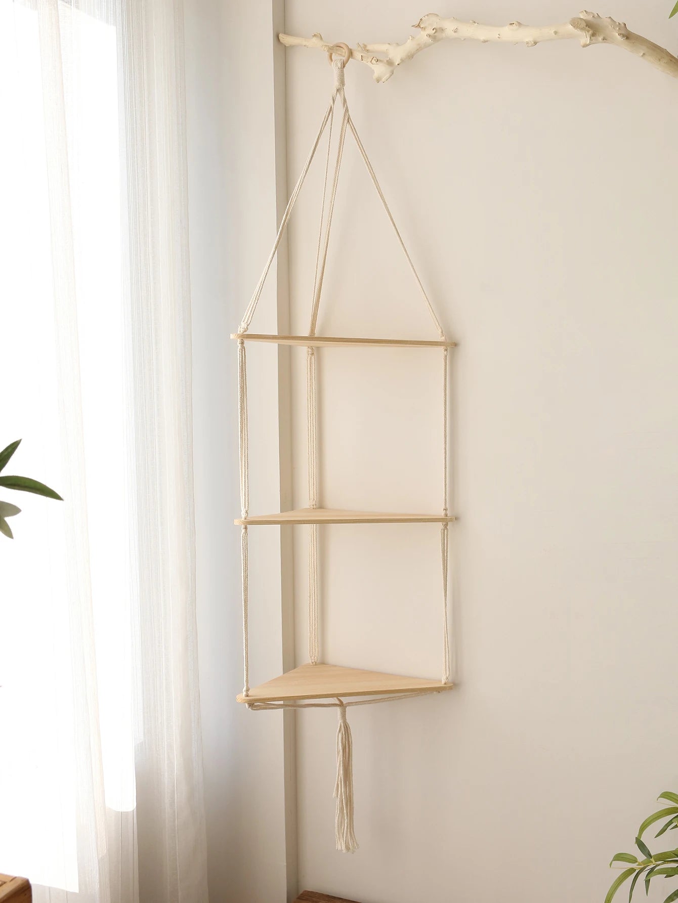 Wooden Corner Shelf - Floating Wall Shelf | Boho Room Decor & Macrame Hanging - ZOOMNSTORE