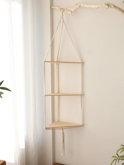 Wooden Corner Shelf - Floating Wall Shelf | Boho Room Decor & Macrame Hanging - ZOOMNSTORE