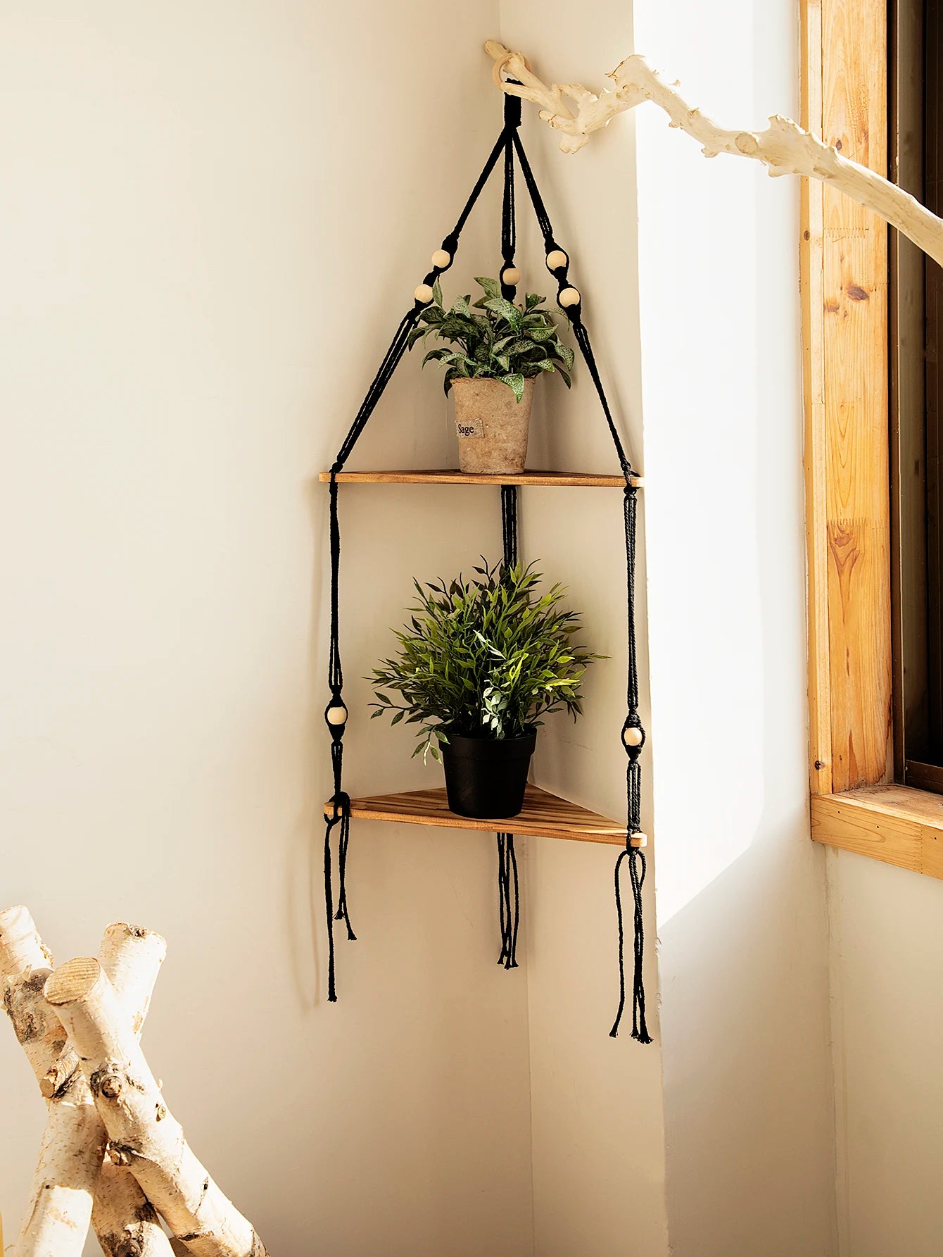 Wooden Corner Shelf - Floating Wall Shelf | Boho Room Decor & Macrame Hanging - ZOOMNSTORE