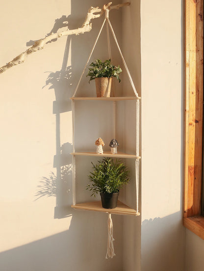 Wooden Corner Shelf - Floating Wall Shelf | Boho Room Decor & Macrame Hanging - ZOOMNSTORE