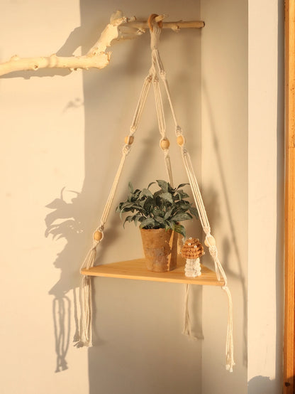 Wooden Corner Shelf - Floating Wall Shelf | Boho Room Decor & Macrame Hanging - ZOOMNSTORE