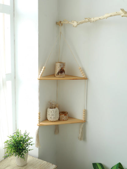 Wooden Corner Shelf - Floating Wall Shelf | Boho Room Decor & Macrame Hanging - ZOOMNSTORE