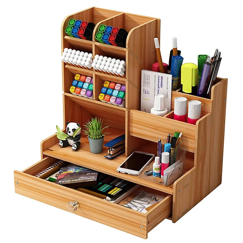 Wooden Desk Organizer - DIY Pen Holder with Drawer for Home Office  School - ZOOMNSTORE