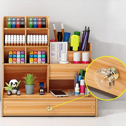 Wooden Desk Organizer - DIY Pen Holder with Drawer for Home Office  School - ZOOMNSTORE