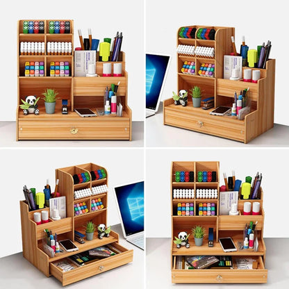 Wooden Desk Organizer - DIY Pen Holder with Drawer for Home Office  School - ZOOMNSTORE
