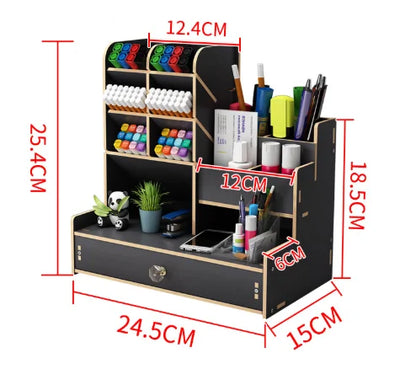 Wooden Desk Organizer - DIY Pen Holder with Drawer for Home Office  School - ZOOMNSTORE