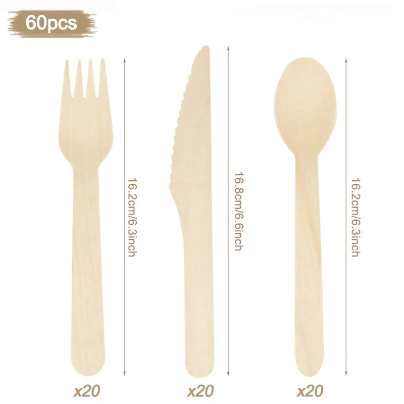 Disposable Wooden Cutlery Set - Rustic Party Tableware for Weddings  Birthdays - ZOOMNSTORE