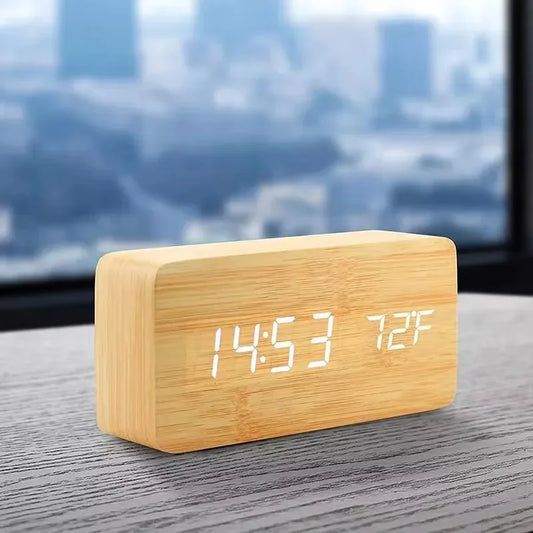 Wooden LED Digital Alarm Clock with Temperature - Stylish Table Clock for Bedroom  Office - ZOOMNSTORE