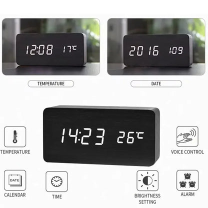 Wooden LED Digital Alarm Clock with Temperature - Stylish Table Clock for Bedroom  Office - ZOOMNSTORE