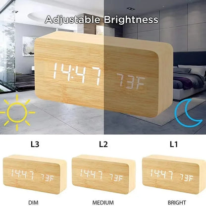 Wooden LED Digital Alarm Clock with Temperature - Stylish Table Clock for Bedroom  Office - ZOOMNSTORE