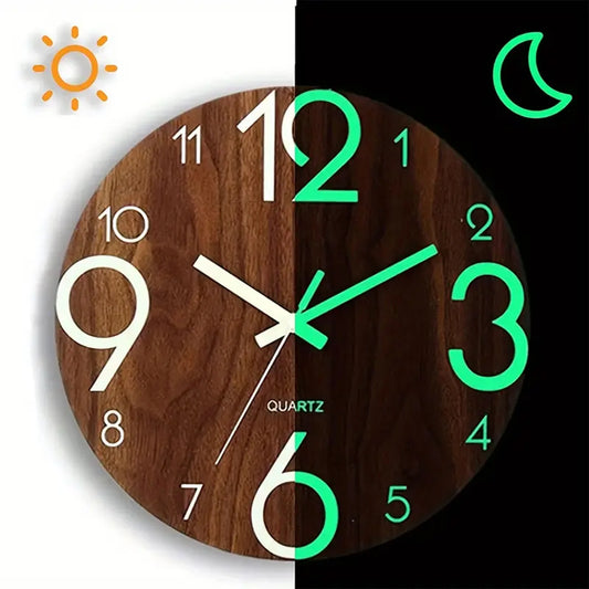 Luminous 12-Inch Silent Wall Clock - Wooden Analog Decor for Home  Office - ZOOMNSTORE
