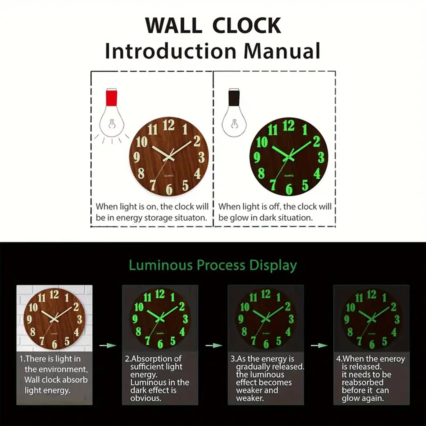 Luminous 12-Inch Silent Wall Clock - Wooden Analog Decor for Home  Office - ZOOMNSTORE